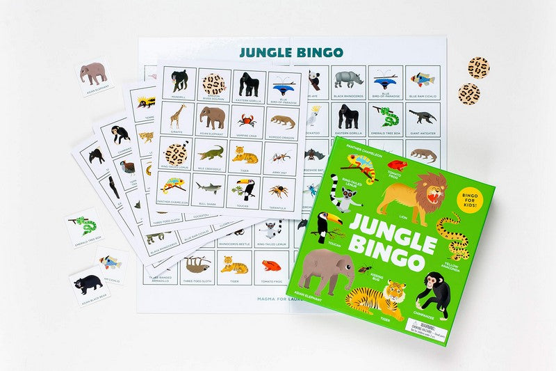 Jungle bingo fun game for children to play, learning about all the jungle animals